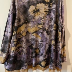 Logo Lori Goldstein Top Size XL Dark Tie Dye Knit Lace Hem Tunic
